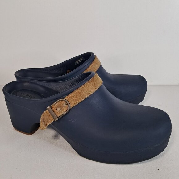 Crocs Sarah Comfort Mules Blue with Tan Suede Strap Clogs Size 8 - Picture 1 of 12
